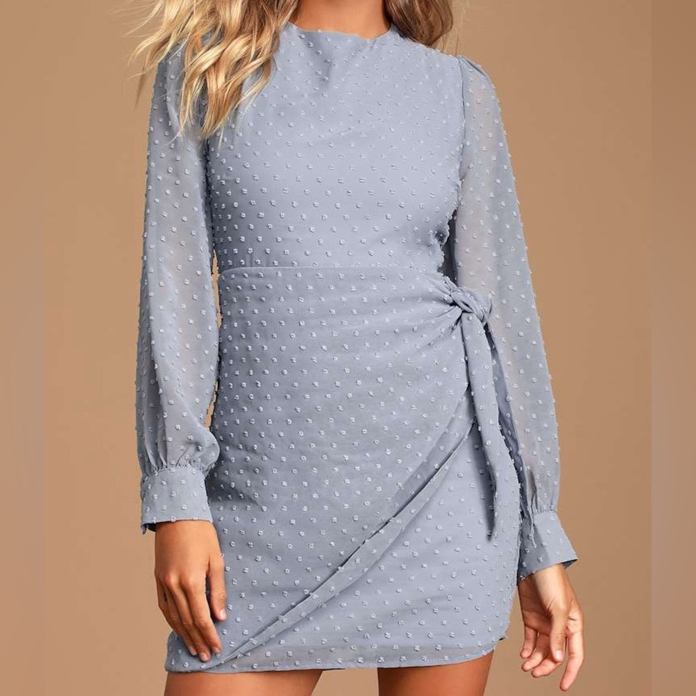 Lulus Much Love Light Blue Swiss Dot Long Sleeve Tie-Front Mini Dress NWT
